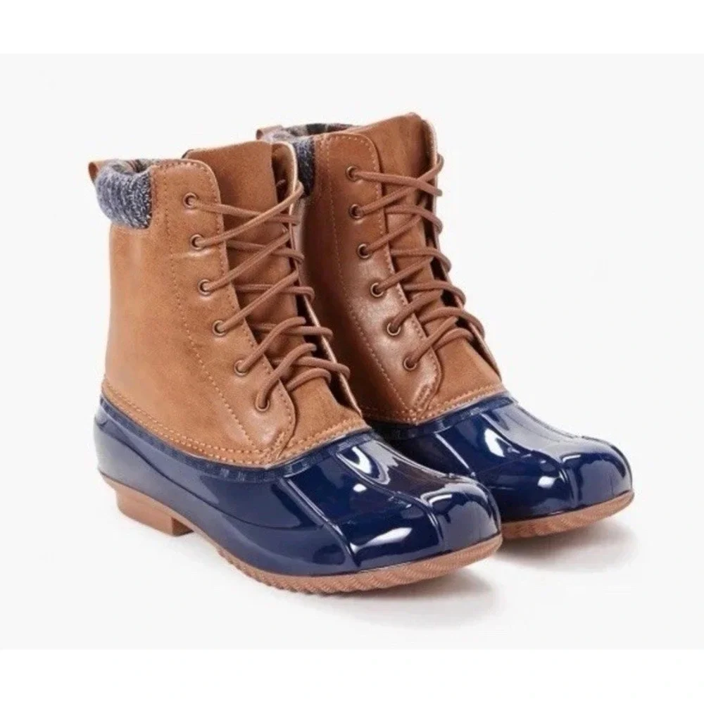 Women's Cold Weather Evi Duck Boot Brown/Navy Size 6.5 JUSTFAB New Outdoor Chore